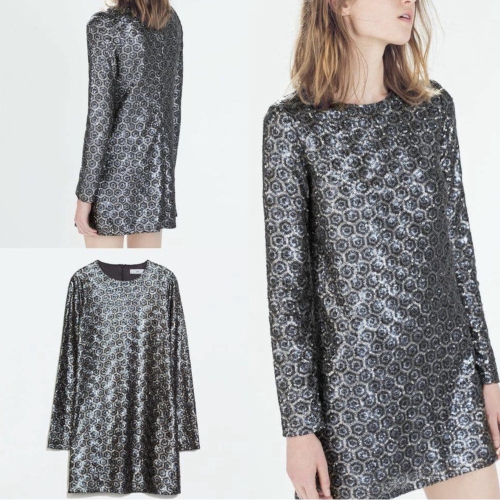 ZARA SILVER SEQUIN LONG SLEEVE DRESS SIZE S RARE